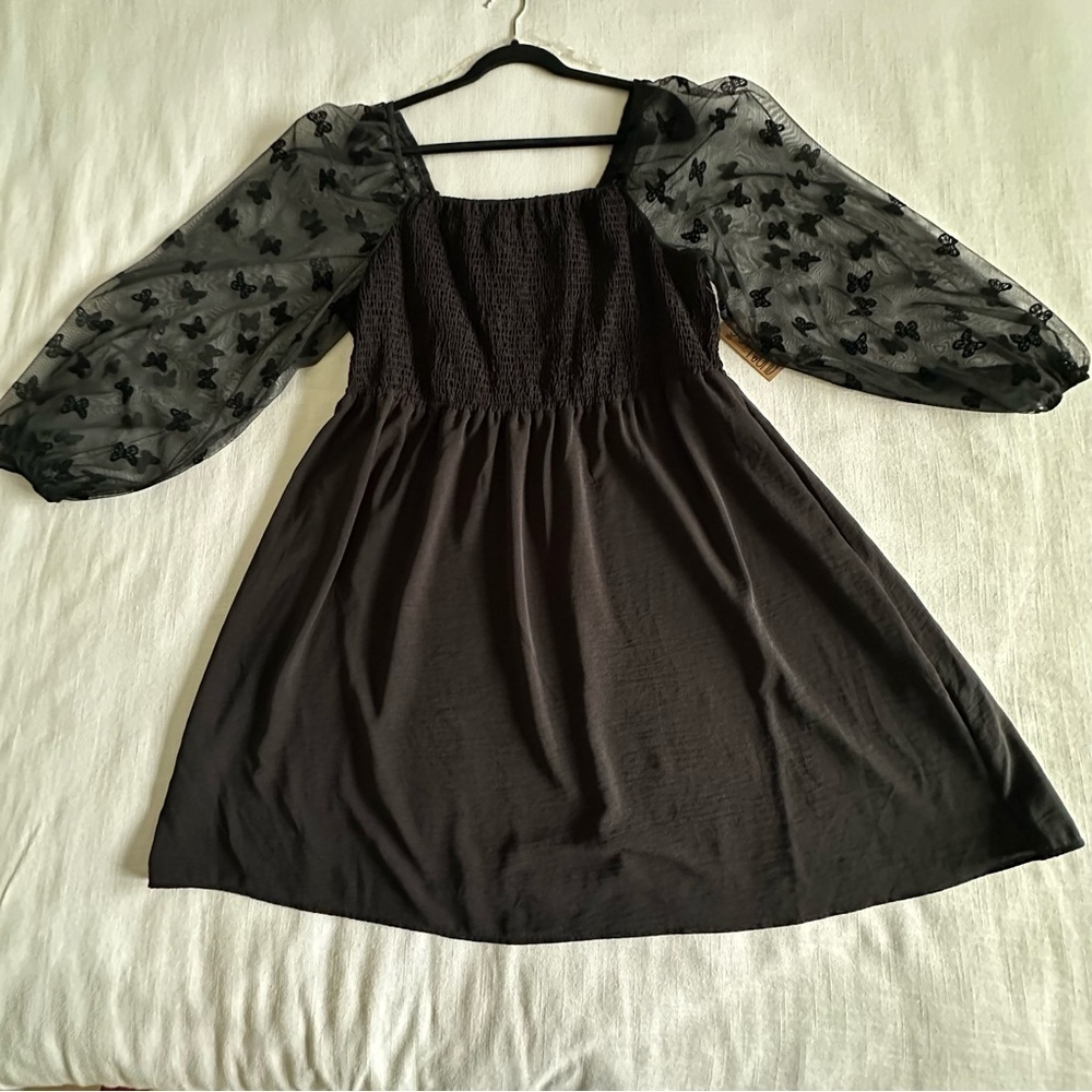 Witchy Black Smocked Butterfly Dress Womens 3X Mesh Whimsigoth Dark Fairy NWT - Picture 4 of 15